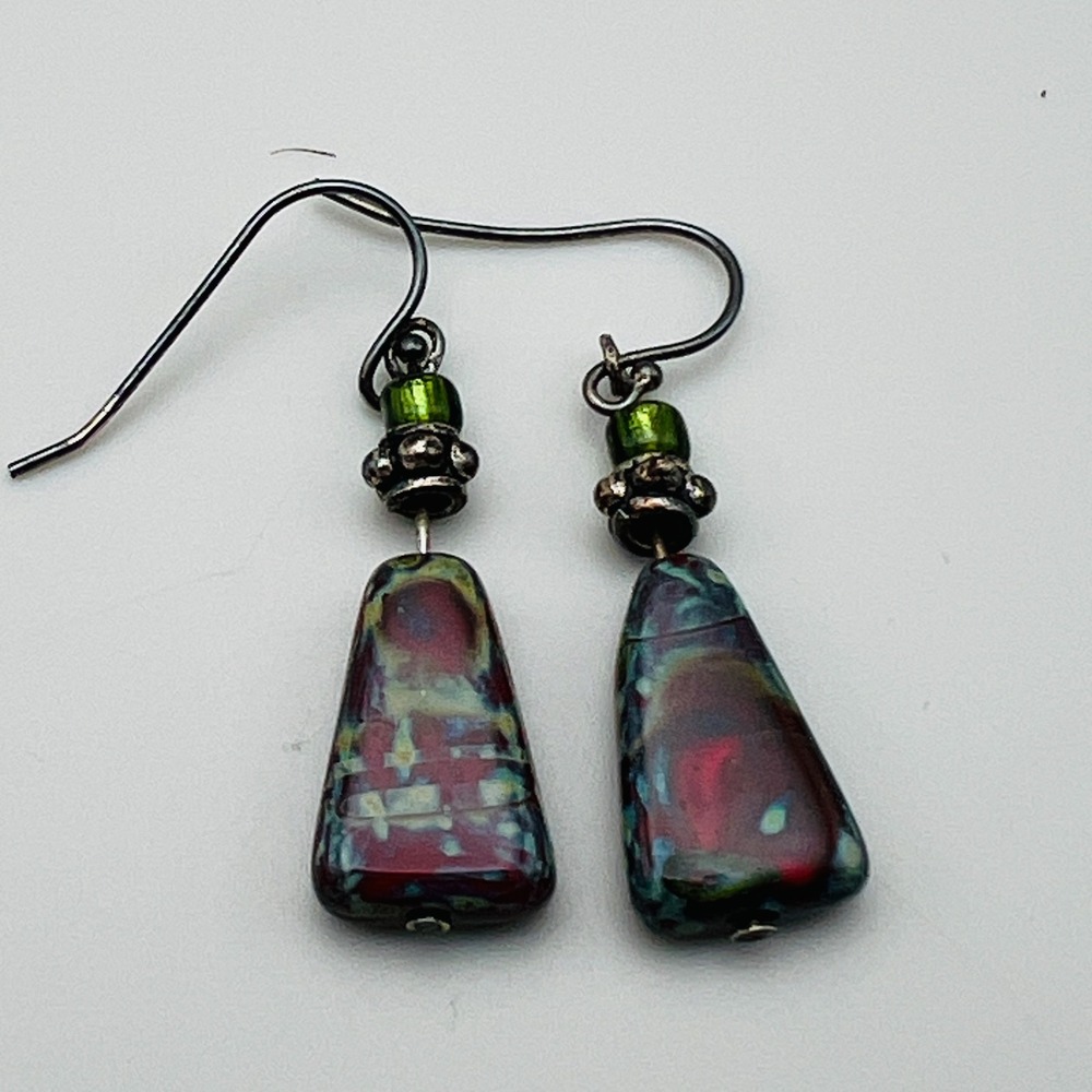 Dangle Earrings Iridescent Glass Drop Black Pink Green Artisan Boho Abstract